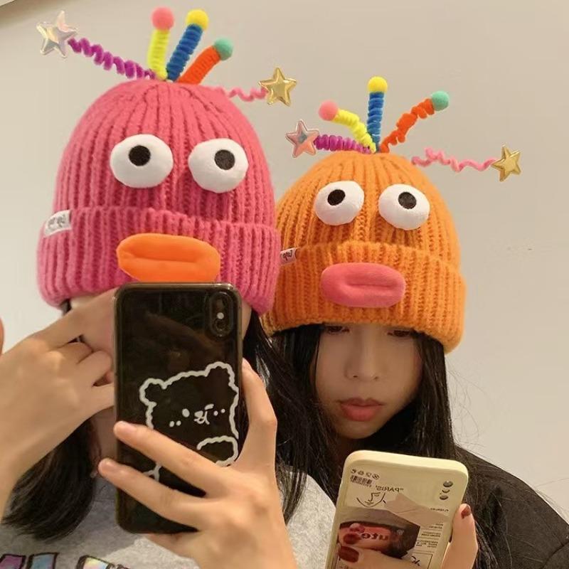 High qualityWomen'S Cute Ugly Sweater-Style Hat with Expressive Eyes & Fluffy Ears - Soft Warm Winter Beanie, Lightweight Non-Stretchy Face-Show