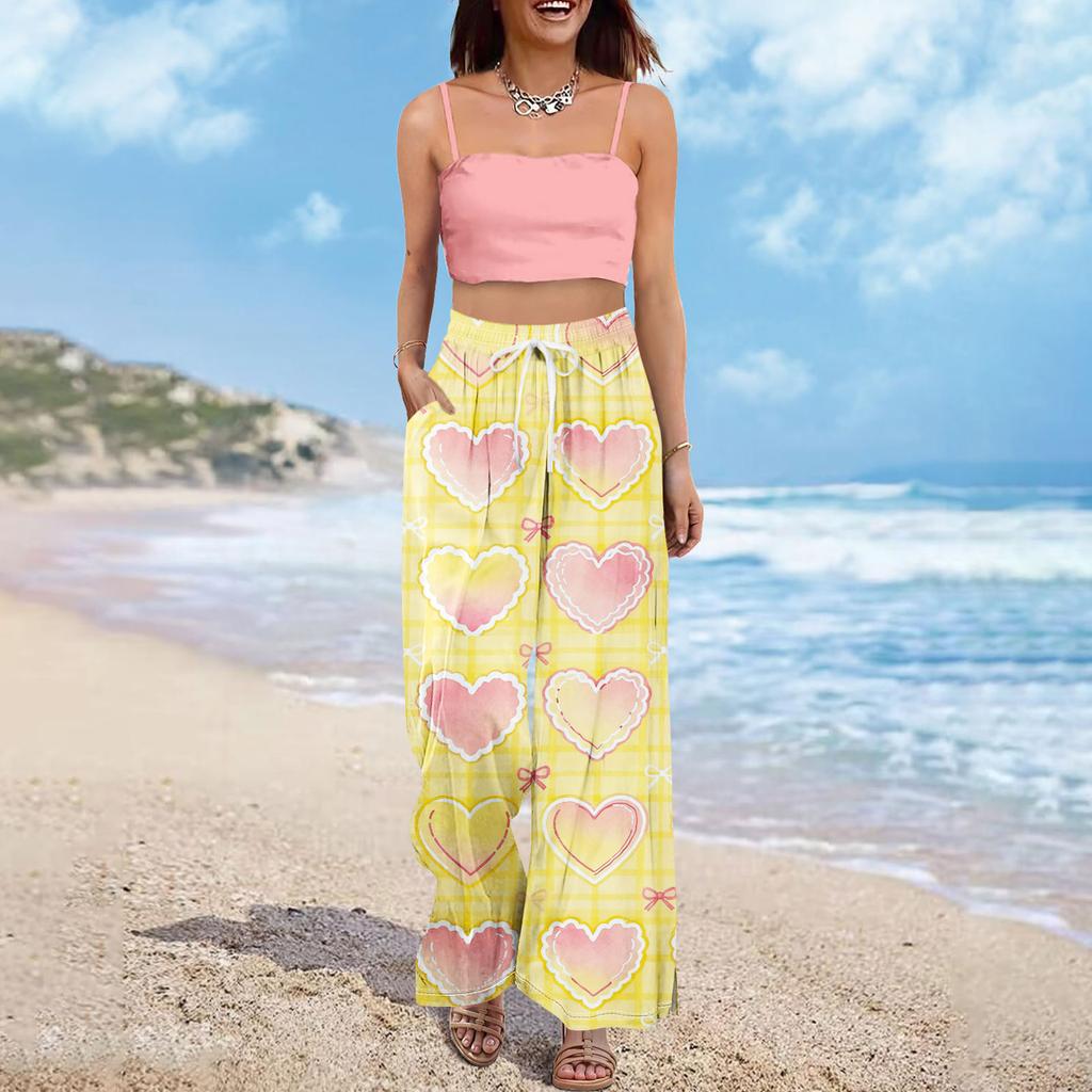 Pantaloni largi cu talie înaltă pentru femei, stil boho de vară, stil palazzo, cu imprimeu, casual, cu buzunare