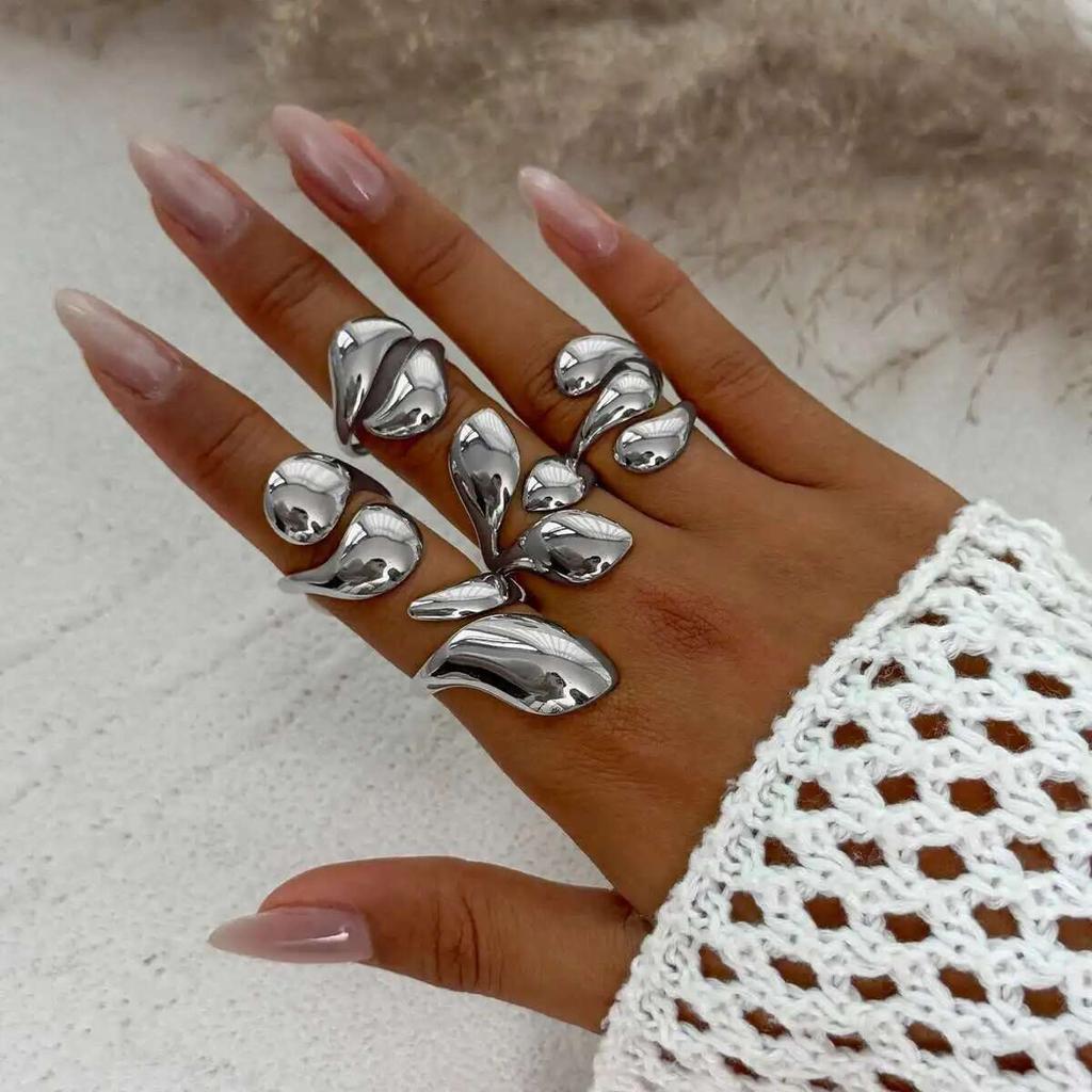 Ingemark 5Pcs/Set Vintage Irregular Droplet Shaped Open Rings Women 2026 Trendy Gold Color Chunky Thick Ring Aesthetic Jewelry