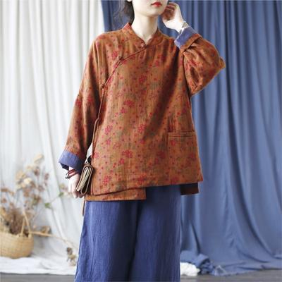 Woman Winter Print Vintage Retro Chinese Style Shirt Fashion Loose Long Sleeves Shirt