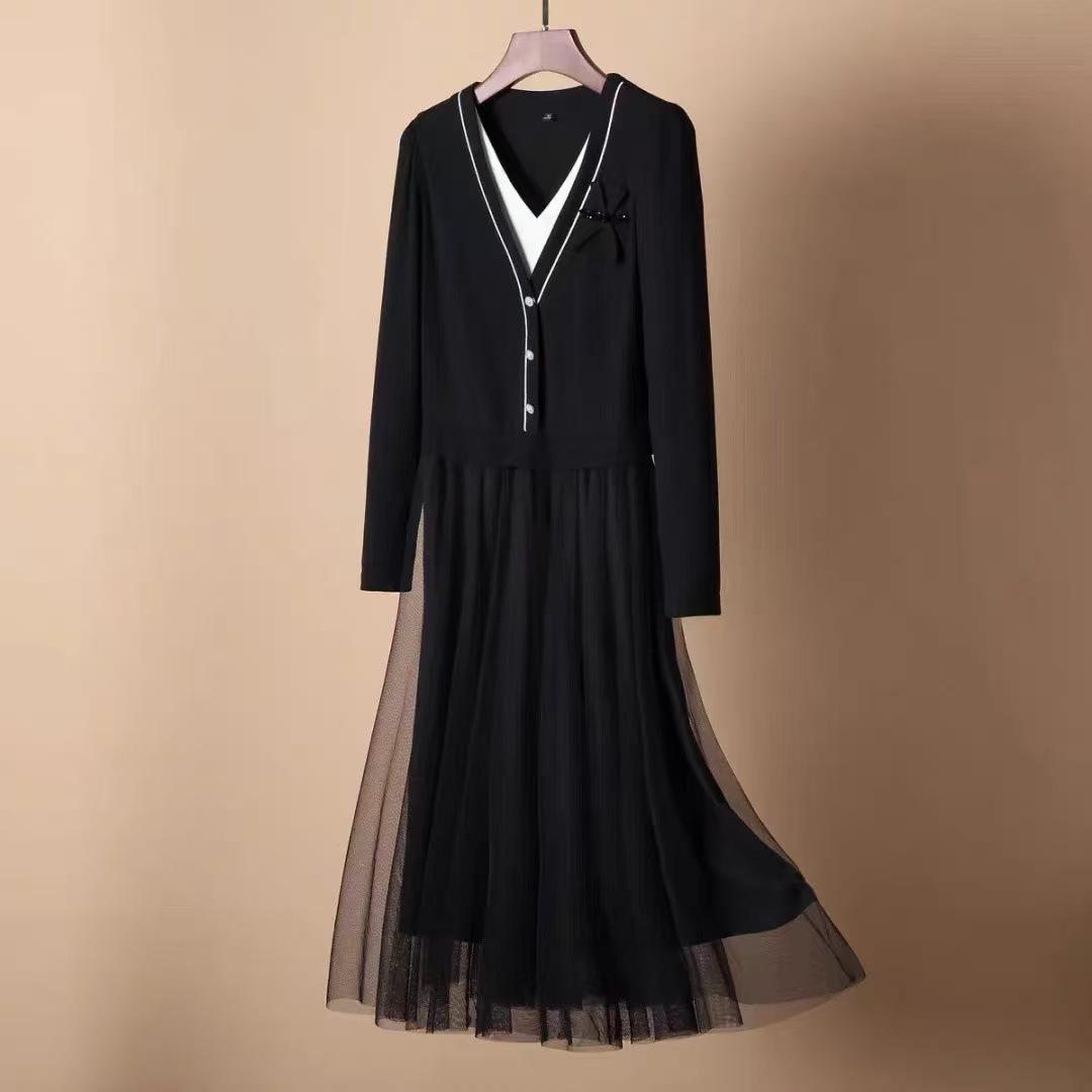 

A018 V-Neck Knit Mesh Patchwork Color Block Two-Piece Midi Dress for Spring and Autumn M 45-54kg чорний