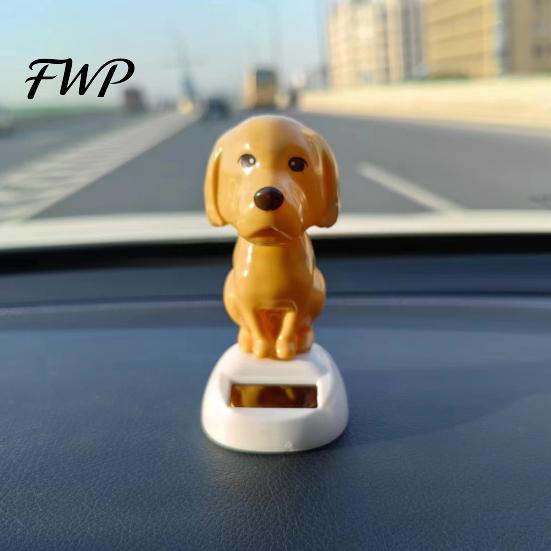 Healing Desk Toy Solar Dog Car Dashboard Toy, Yellow Puppy Nodding Figure, Auto Swing Bumpy Road Stable Decor for Office Desk, Powered Cute