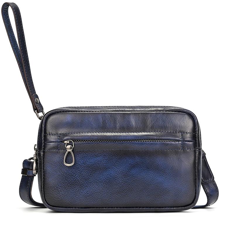 

Genuine Leather Clutch Purse Small Shoulder Bag Double Layer Leather Wallets With Wrist Strap Cowhide Crossbody Bags For Phones синій
