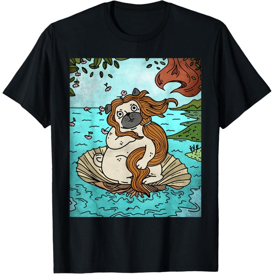 

Funny Pug Dog Art _Birth of Venus_ Parody T-Shirt XXXXXL чорний