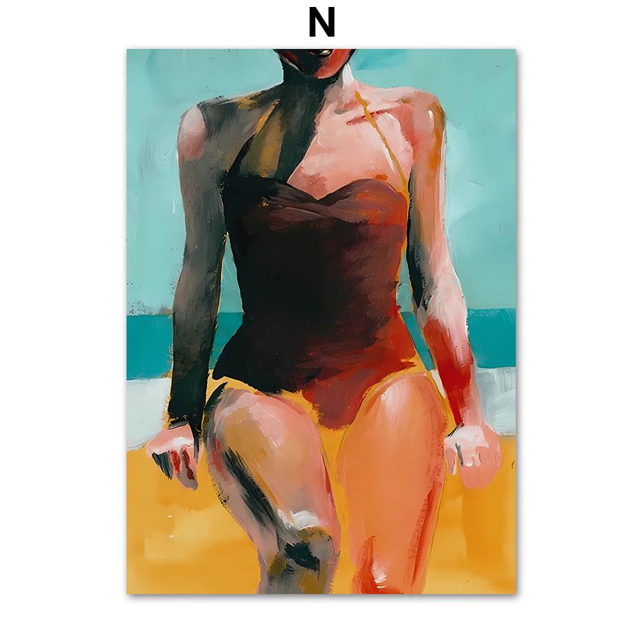 Boho Abstract Girl Sea Beach Leaf Illustration Wall Art Canvas Painting Nordic Poster And Prints Pictures For Living Room Decor