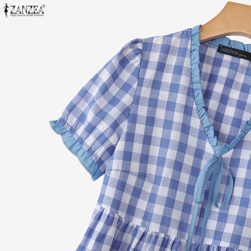 ZANZEA Women Summer Casual V-Neck Plaid Print Short Sleeve Blouse