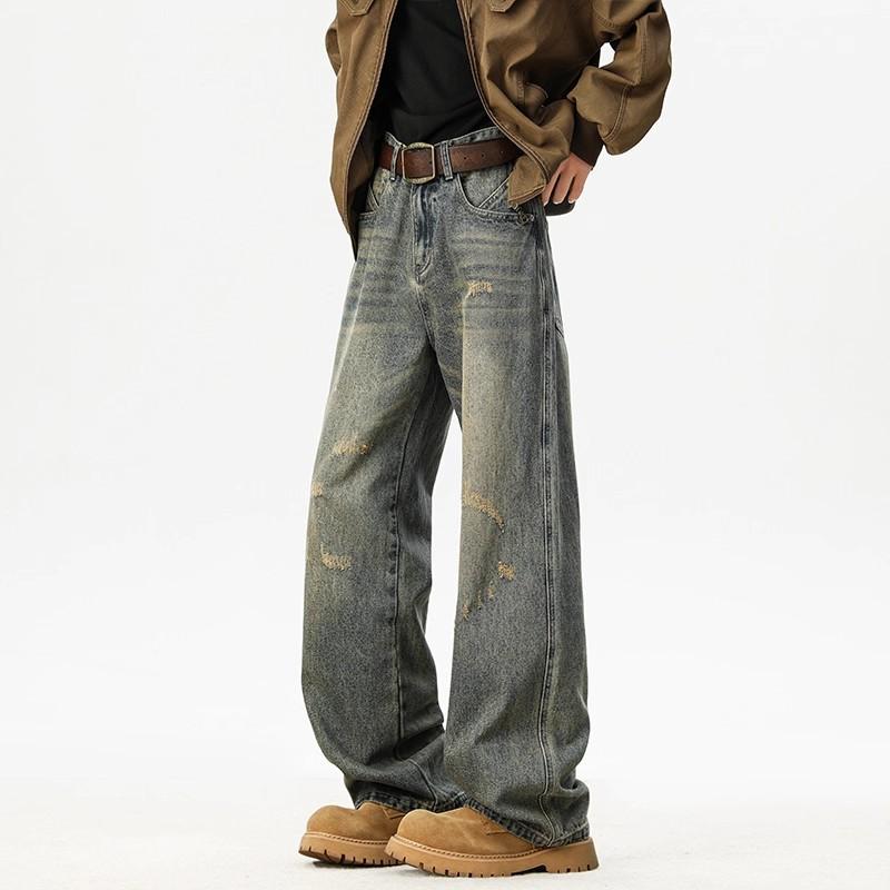 Washed old jeans men's autumn new trendy brand American retro loose straight wide-leg casual pants