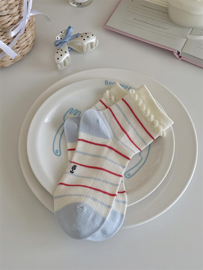 Summer Thin Apple Embroidered Breathable Striped Ankle Socks, Rolled Cuff Ribbed Mid-Calf Socks One Size