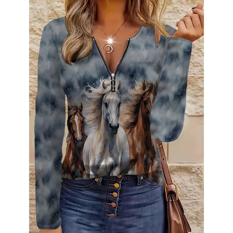 Horse element print pattern coded women's garden collar zipper long sleeves