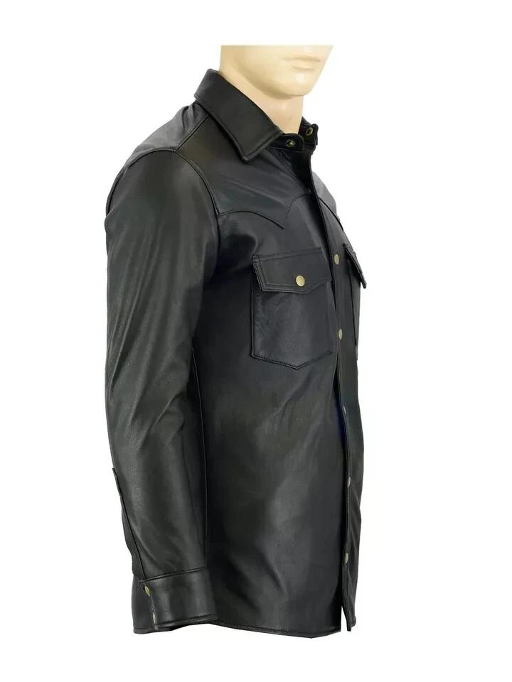 Stylish Real Soft Party Casual Fit Men Shirt Black Handmade Lambskin Leather