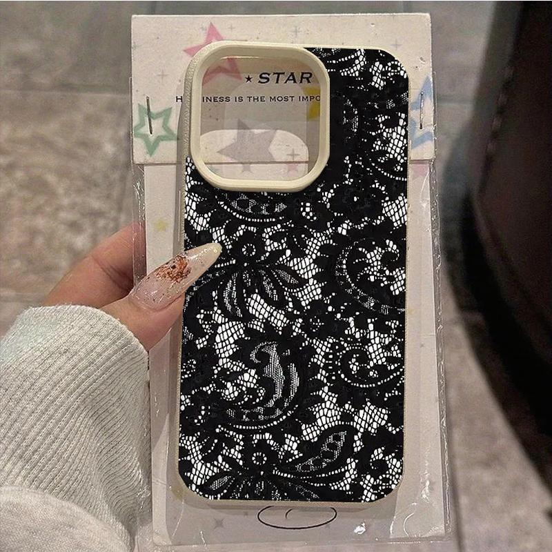 Black Lace Pattern Personalized Mobile Phone Case For iPhone 16 17 Pro Max 15 Plus 14 13 12 11 17 Air XS XR Faux Leather Cover