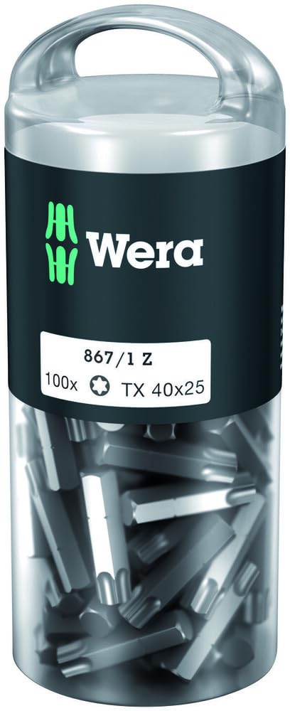 

WERA Torx Screwdriver TX40 Cutting 25mm Overall 072452 100-Pack Bits, 6.35mm Drive, Edge, Length,