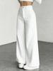 Pantaloni da Donna a Vita Alta a Gamba Larga, Pantaloni Casual Basici con Dettaglio Bottone, Grigio Uniforme