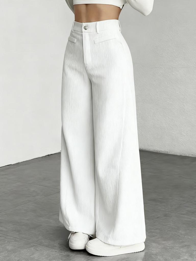 Pantaloni da Donna a Vita Alta a Gamba Larga, Pantaloni Casual Basici con Dettaglio Bottone, Grigio Uniforme