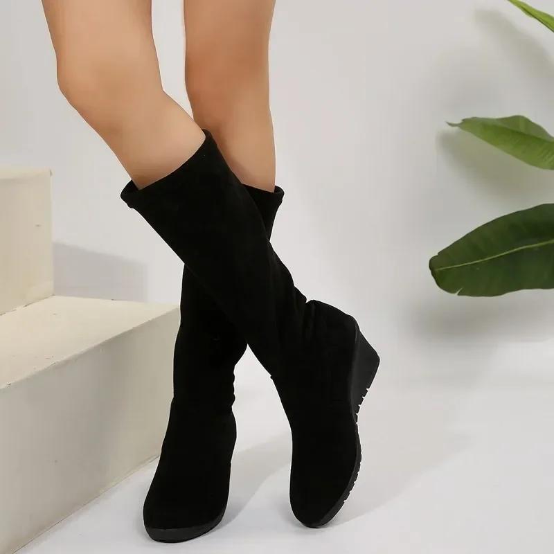 Frühlings Damen Übergröße Keilschuhe Mode Slipper und Wadenhohe Stiefel Retro Lässige Reitstiefel für Damen Hohe Absätze Botas Mujer
