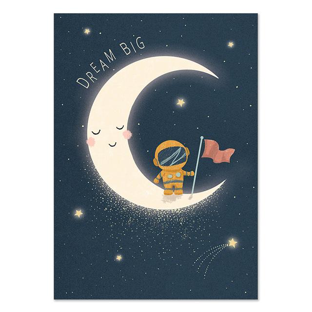 Rocket Stars Moon Kreslené plakáty Reprodukce Nursery Wall Art Malba na plátně Nordic Baby Dětská ložnice Obraz Dětský pokoj Dekor