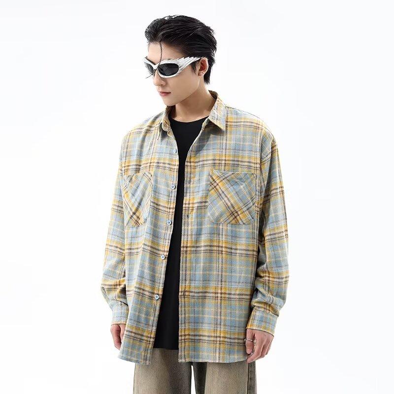 

Рубашка в клетку в американском стиле в стиле ретро для мужчин, весна-осень, уличный тренд, свободная повседневная рубашка с длинным рукавом для пары, пальто 2XL жёлтый
