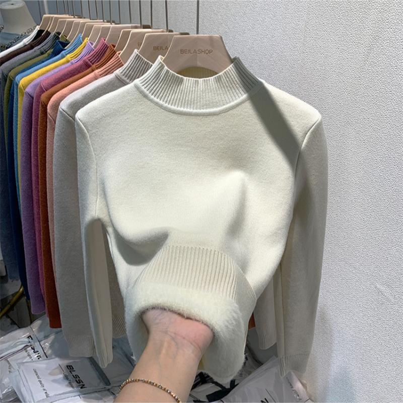 Half High Neck Velvet Pullover Sweater Women Autumn and Winter Thick Plush Warm Base Knitted Women Sweaters Vintage Slim Fit Casual Knit Jumpers 25271