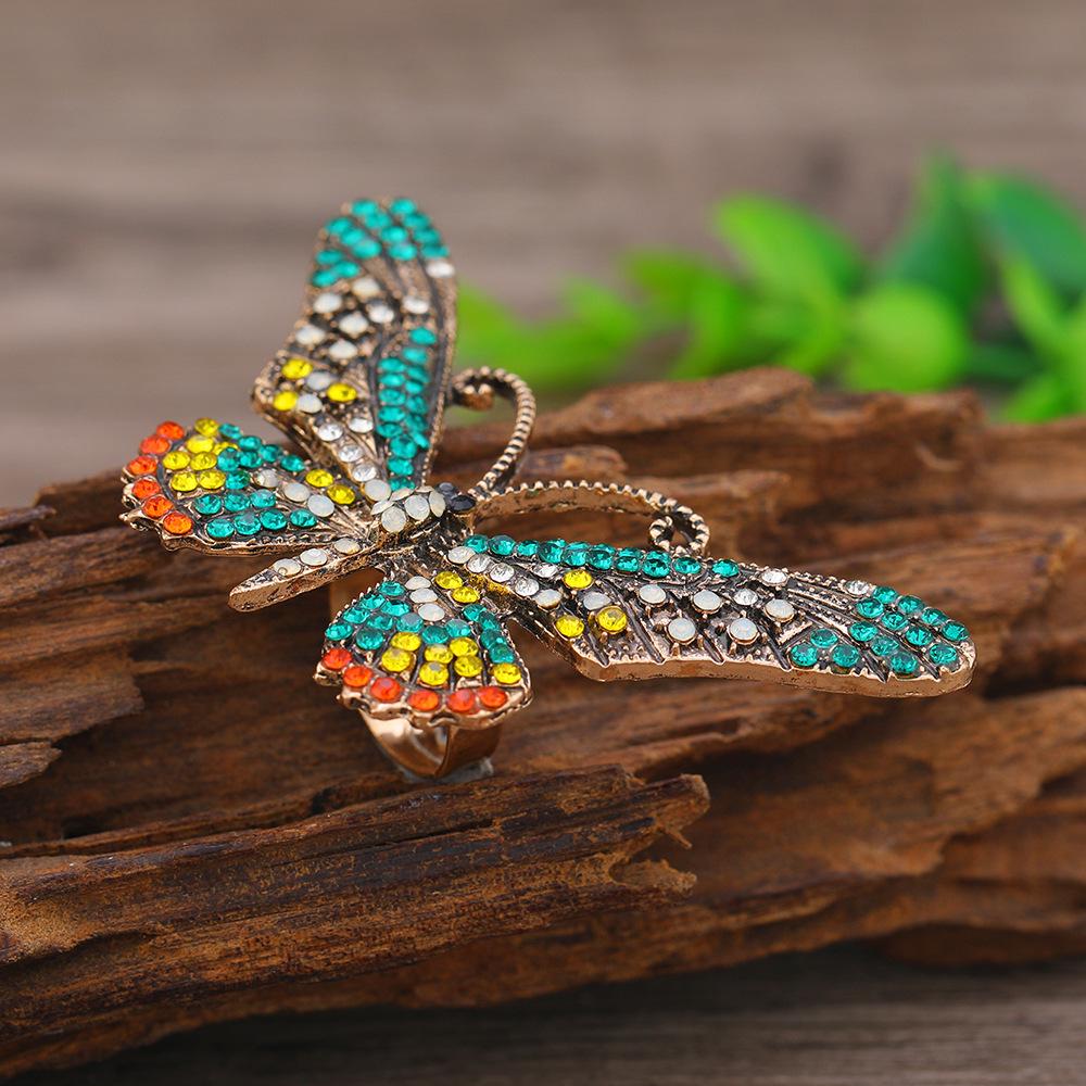 Korean Retro Enamel Butterfly Ring with Colorful Diamonds for Women