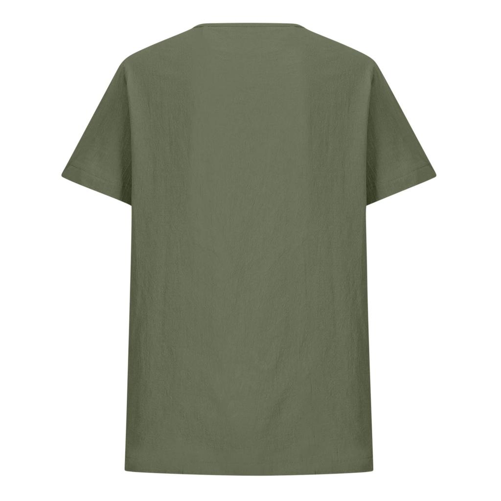 Top Camiseta Feminina Manga Curta Botões Gola V Algodão e Linho