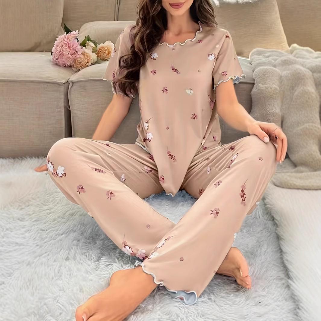

Women s Summer Casual Pajama Set - Sweet, Cute, and Sexy Short Sleeve Long Pants Home Wear Large вершковий/білий