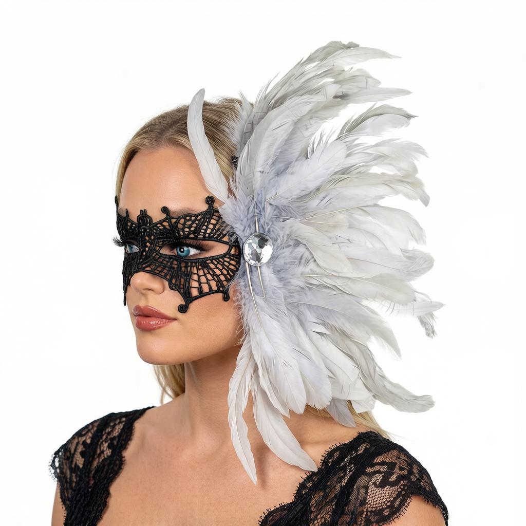 Feather Side Headpiece with Lace Eye Mask for Carnival Parade Masquerade Ball Mardi Gras Party Samba Dance Costume Outfit