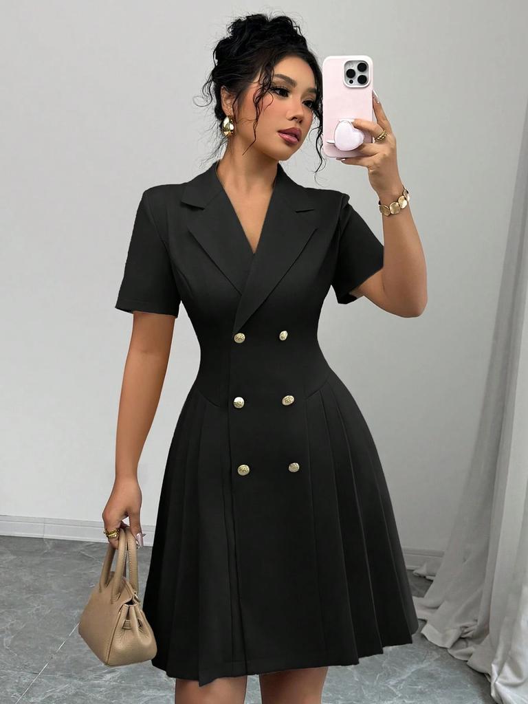 Imported Women's Dress, Waist-Defined Double-Button Gown