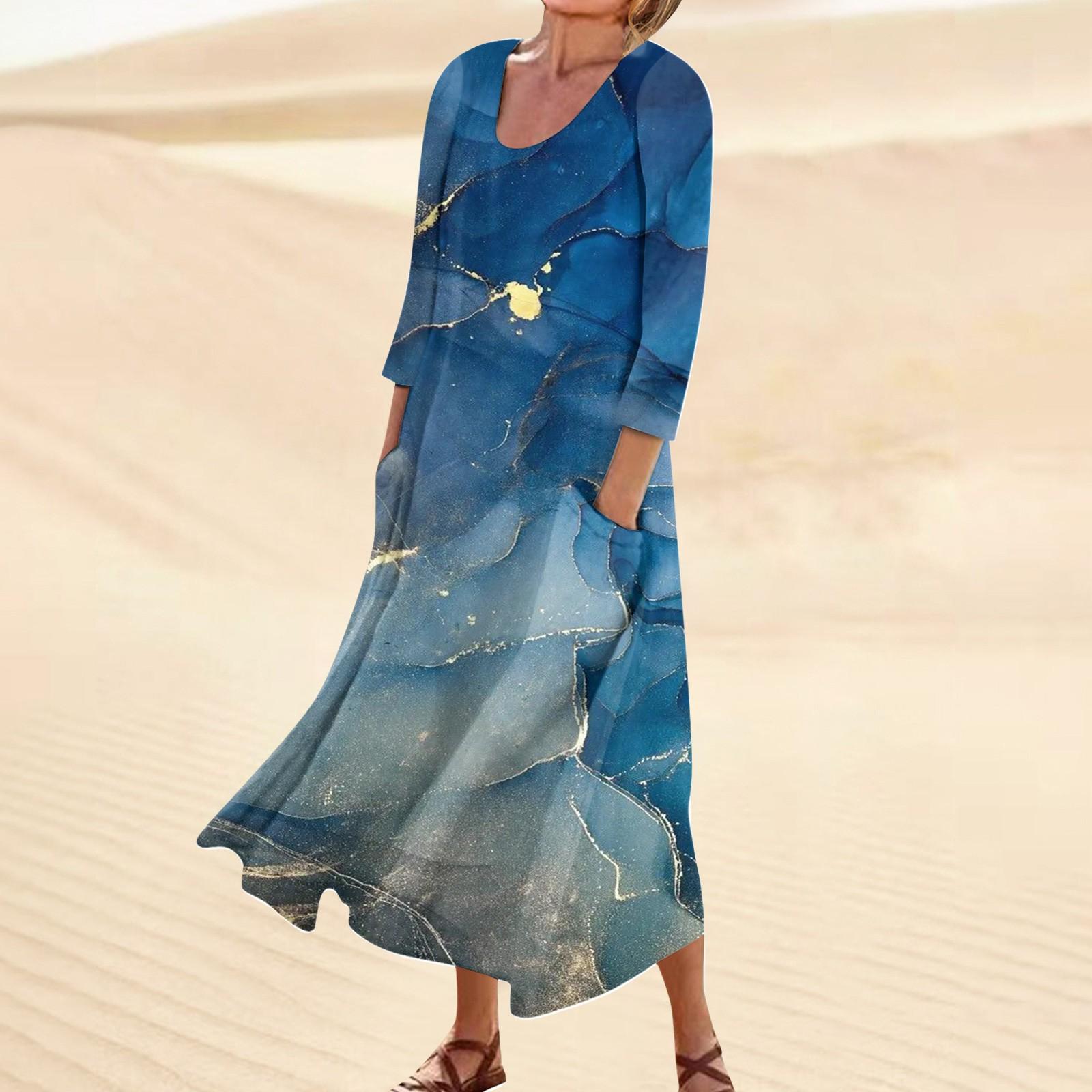 Женское повседневное модное удобное платье с карманами и рукавами 3/4 с принтом M зелёный — фото 7