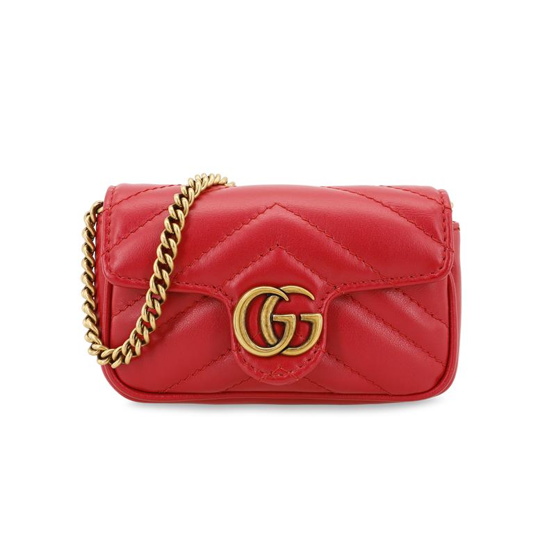 Gucci GG Marmont Marmont Distressed Gold Logo Chain Quilted Leather Handbag Coin Purse Super Mini Women's Red