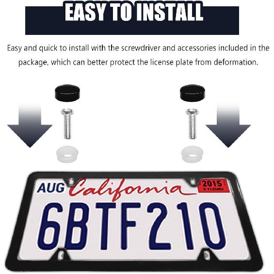 2 PCS Car License Plate Frames, 4 Holes Stainless Steel Auto Tag Holder with Screws Washers Caps, Rustproof Universal Front Rear License Plate Cover