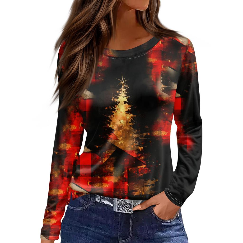 Maglietta stampata ampia a maniche lunghe con scollo rotondo e orlo con spacchi alla moda casual da donna