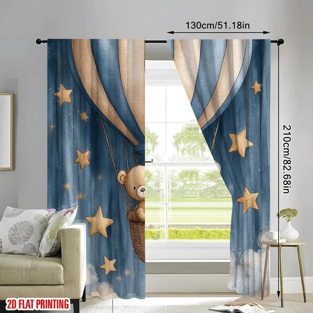Blackout Starry Hot Air Balloon Print Curtain Polyester Nursery Decor Kids Room Window Treatment Set Of 2 Made With Rod Pocket Washable Ready