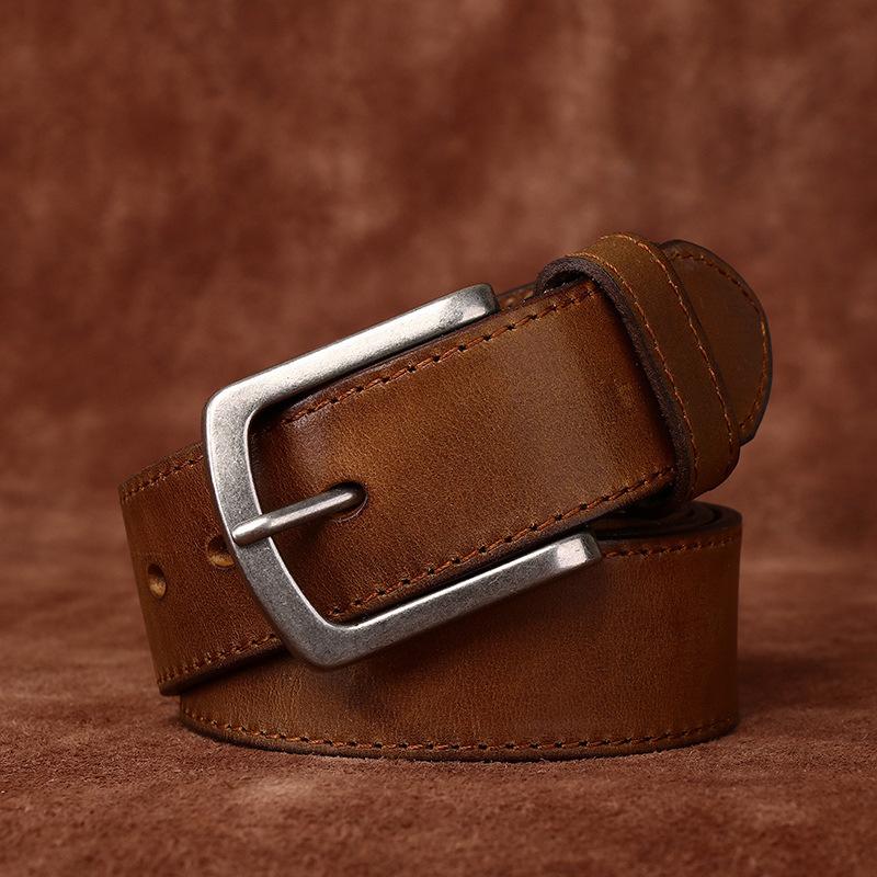 Men's Belt Retro Rub Colored Distressed Pleated Genuine Cattlehide Leather Surface Denim Casual Working Pants Belt