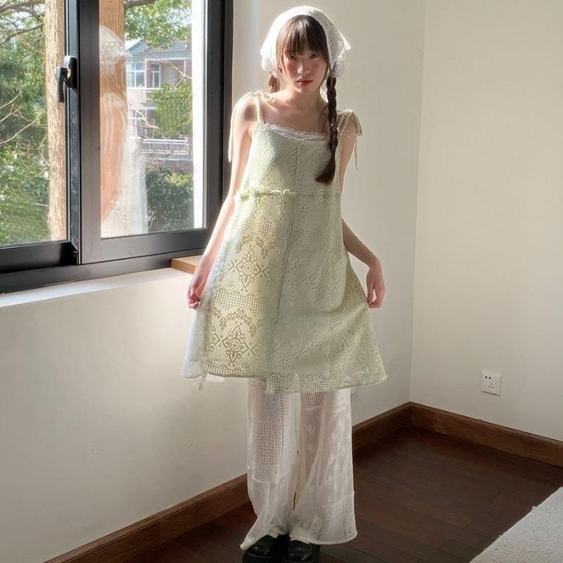 Pantaloni largi de vară Pantaloni albi vintage pentru femei cu talie înaltă, dulci, cu broderie, pantaloni cu flori din dantelă, coreeană, pantaloni casual estetici Y2k