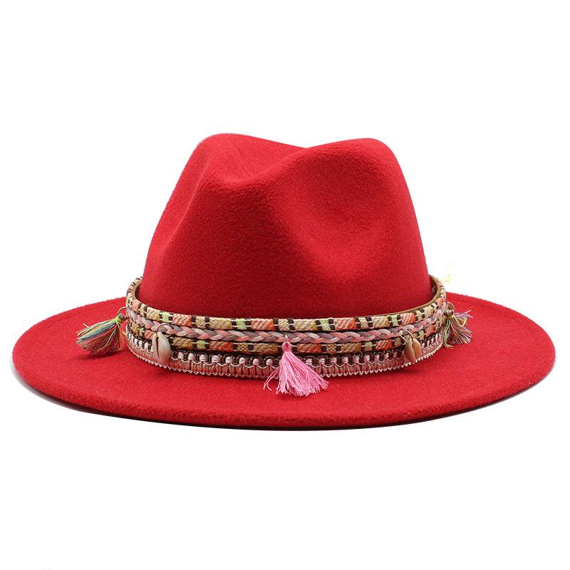 Woolen Top Hat, Fringed Minority Style Jazz Hat, Retro Flat-Brimmed Big Eaves Hat.