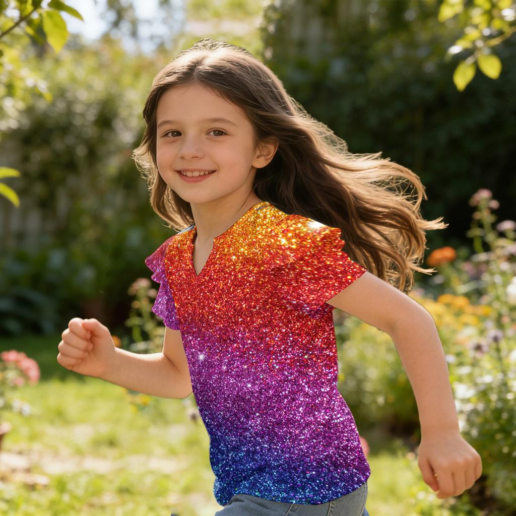 Girls V Neck Short Sleeve T Shirt Casual Top with Ruffle Sleeve and Sequin Print Lightweight Summer Blouse for Kids