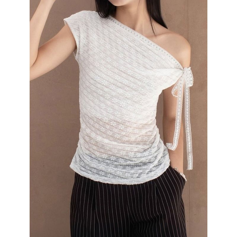 H Home European and American Women clothes French style Pure Desire Transparent Lace Sloping Shoulder Top Niche Leisure Solid Lace-up Short t-shirt
