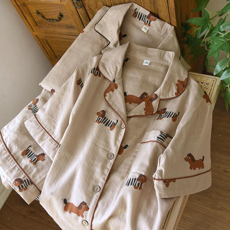 2026 New Summer Couple's Pajama Set 100% Cotton Gauze Cute Women's Short Sleeve Shorts Two Piece Set Home Clothes