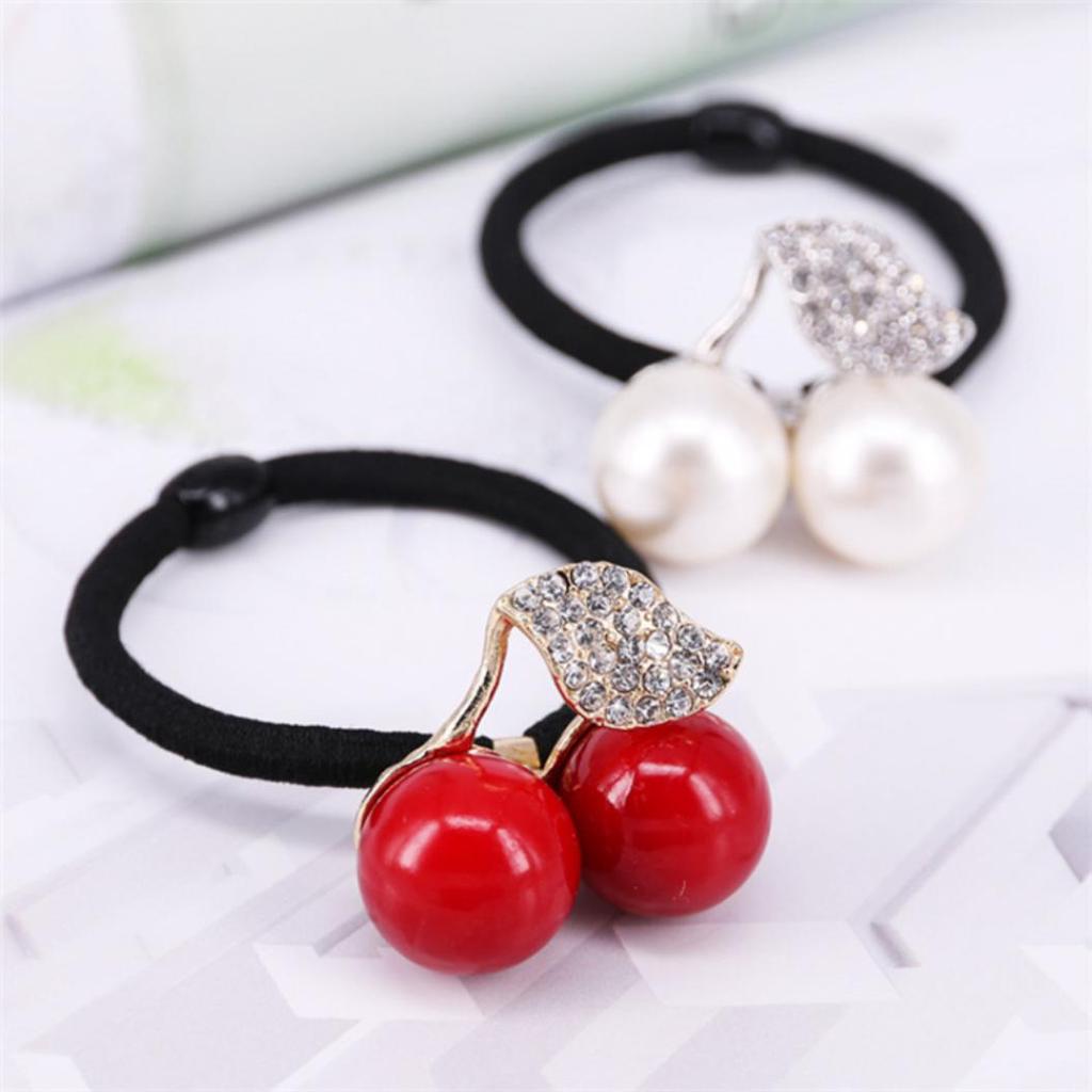 Glänsande Rhinestone Leaf Cherry Elastiskt hår Gummiband Girl Hästsvanshållare rep