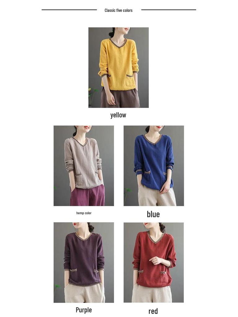 Plus Size Retro V-Neck Cotton Linen T-Shirt for Spring/Autumn - Long Sleeve, Loose Fit, Versatile Pullover for Women