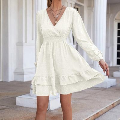 High Waist A-line White Dress Women Summer Lantern Sleeve V-neck Woman Dress Casual Fashion Dot Solid Ruffles Dresses Robe 24888