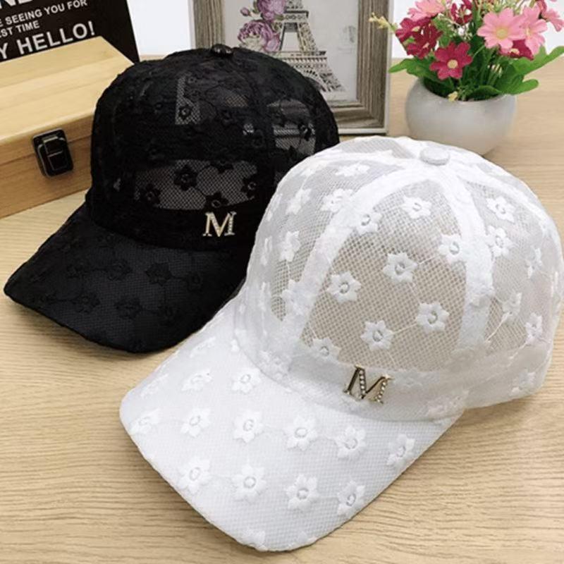 Korean Style Rhinestone Baseball Cap: Floral Lace Mesh Hat with Sun Protection