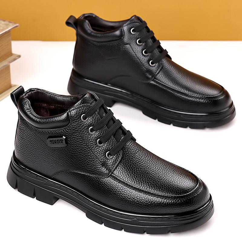 

Зимние новые кожаные мужские хлопковые кожаные туфли на шнуровке, кроссовки для папы, утепленные высокие хлопковые туфли, мужские хлопковые туфли из первого слоя коровьей кожи 42 чёрный