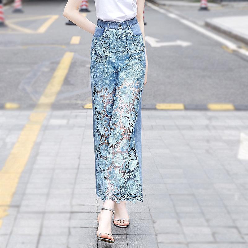 Lace Patchwork Plus Size Vintage Floral High Waist Casual Loose Women Summer Jeans Denim Wide Leg Pants