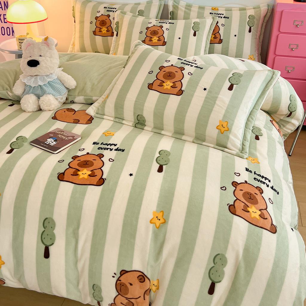 Cartoon Thickened Milk Fleece Coral Fleece Bed Four-Piece Set Fleece Flannel Quilt Cover Children'S Bed Single Three-Piece Set