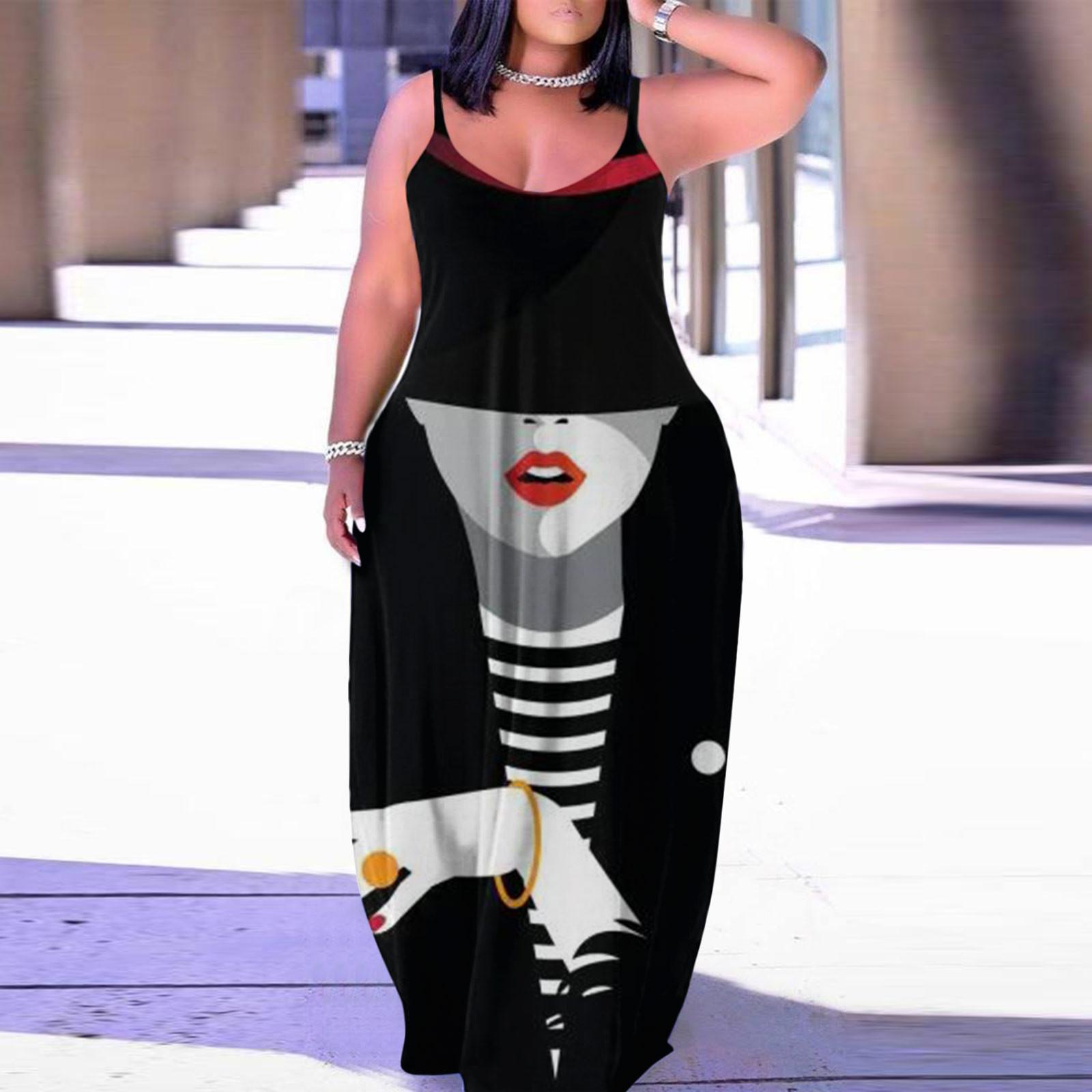 

Женские модные летние солнцезащитные платья Длинные спагетти с регулируемым ремешком без рукавов с цветочным принтом Повседневное длинное платье макси для женщин с карманами L белый