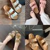 Cowhide version~ Summer new one-word with square buckle thick-bottomed beach slippers women's sandals