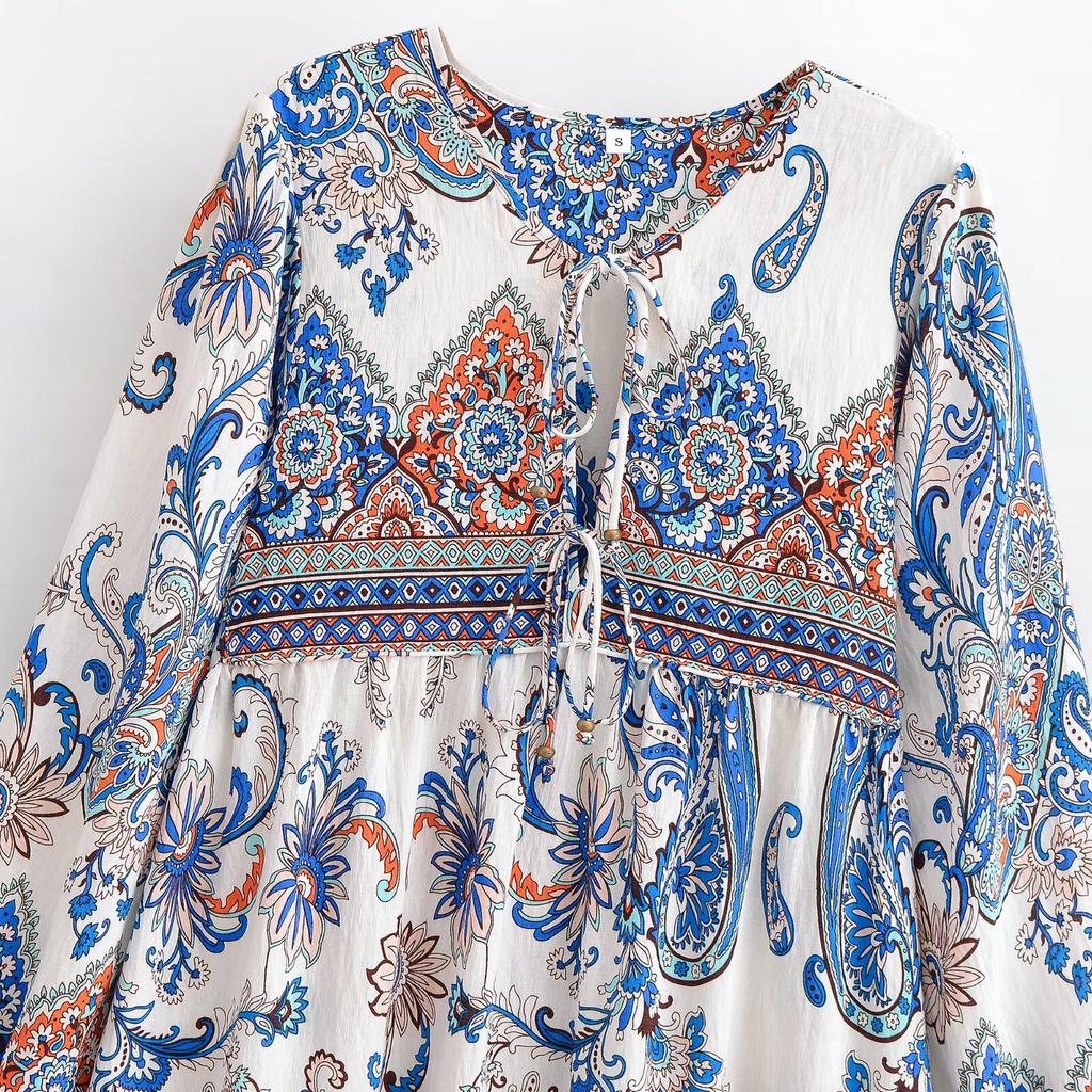 Bohemian Loose Dress with Bamboo Knot Linen Print and Tassels - 2026 Spring Collection