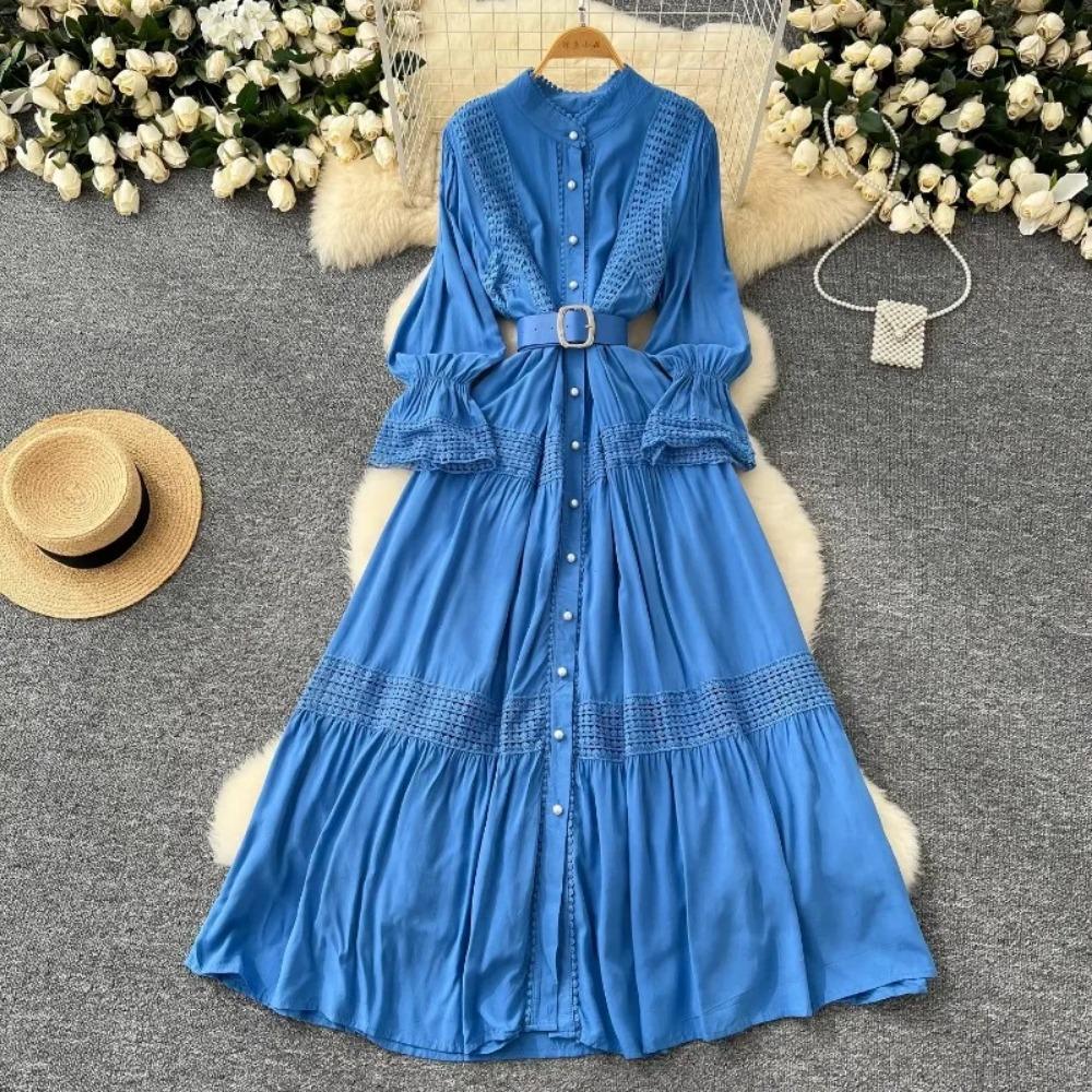 Vestido Chic de Encaje Slim con Cuello Mao de Manga Larga Empalmado de Botonadura Sencilla High Street Vintage Noche Mujer Ropa Otoño Invierno
