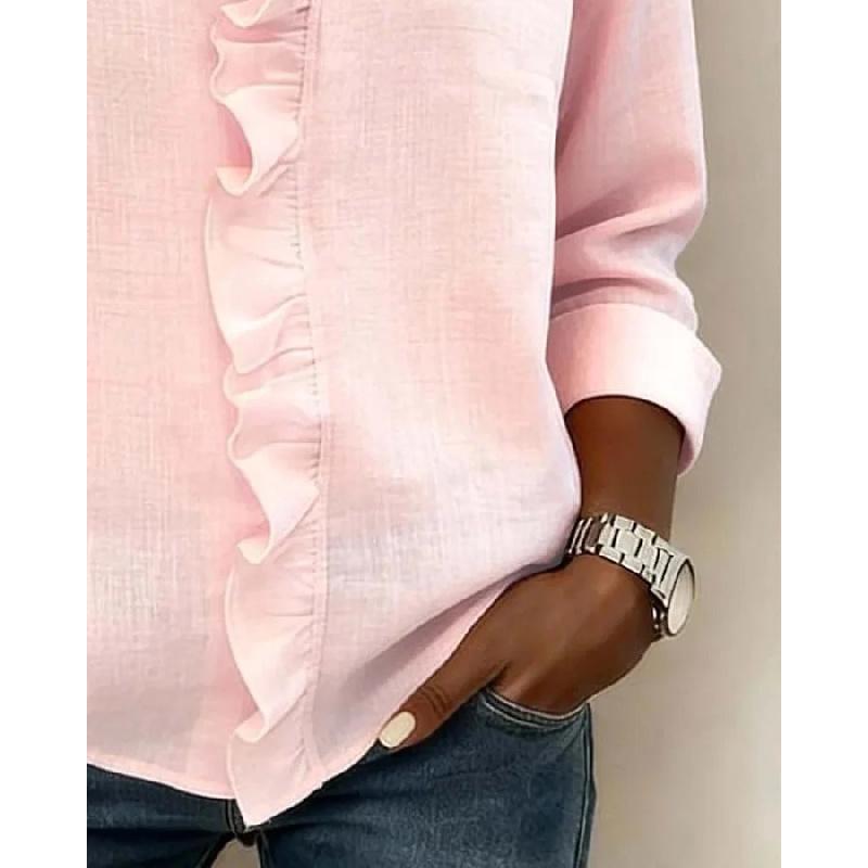 2026 Spring New Women's Ruffled Long-Sleeve Casual Solid Color Shirt